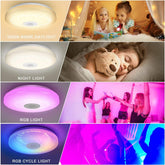 Collage of a ceiling light with different color modes and scenes, including children reading, a child sleeping with a teddy bear, and people dancing.
